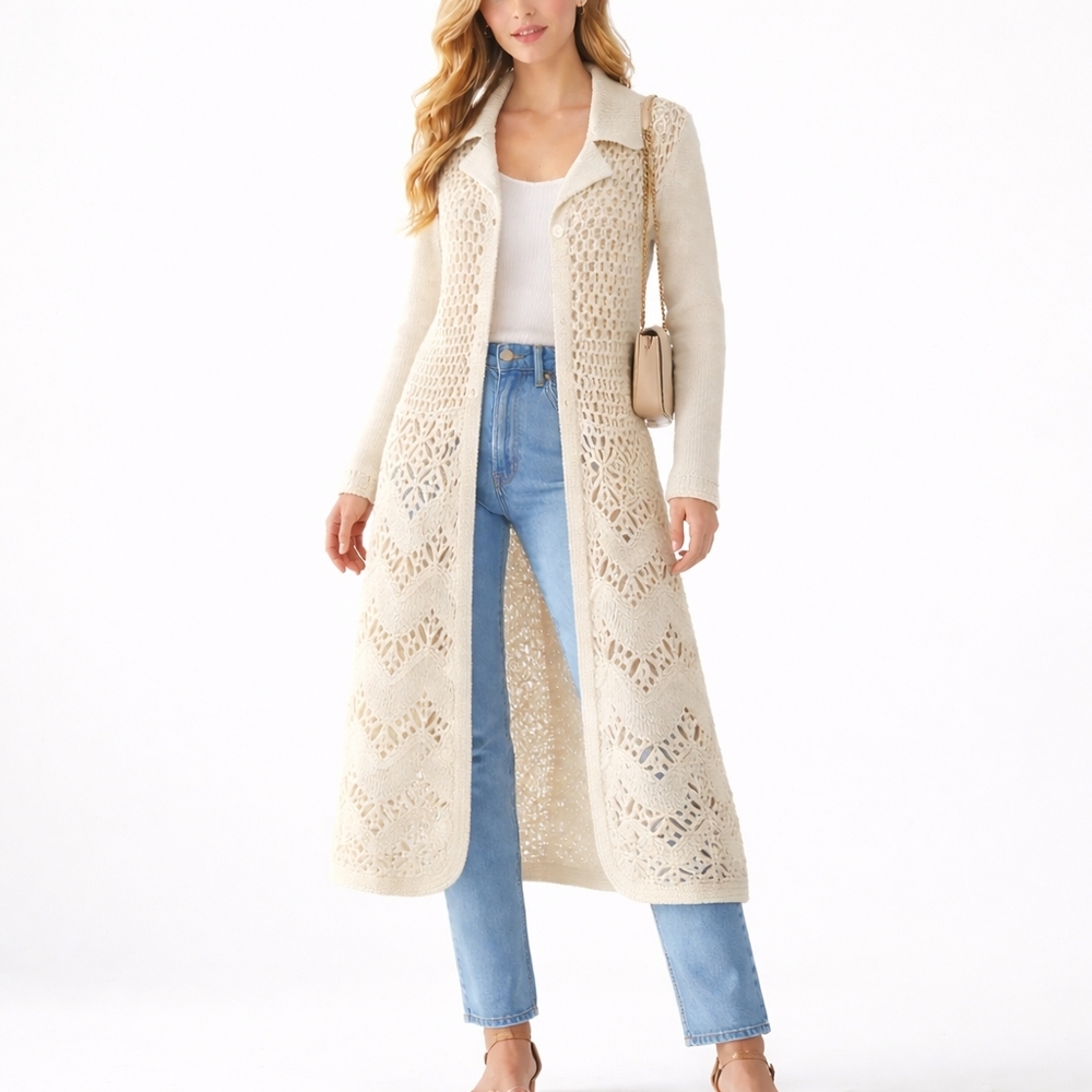 Muchacha Hand Crochet Longline Cardigan Wool Blend Cream Size Medium